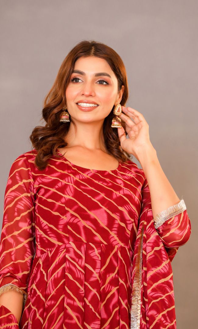 Maroon Leheriya Anarkali Set