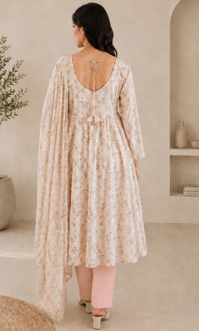 Soft Beige Floral Organza Anarkali Set