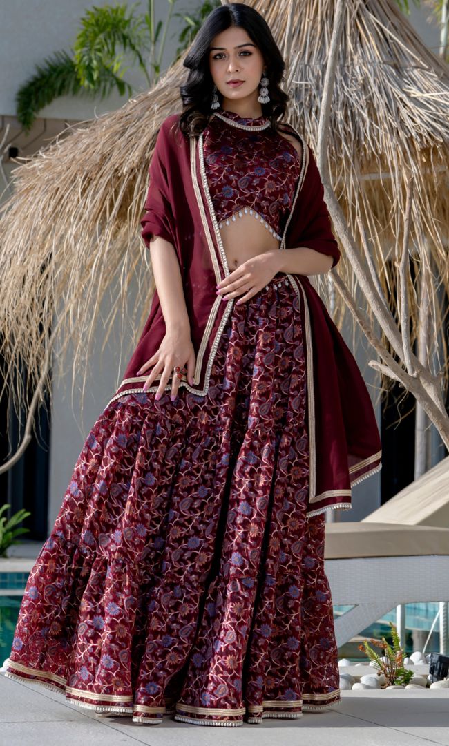 Maroon Halter Neck Lehenga