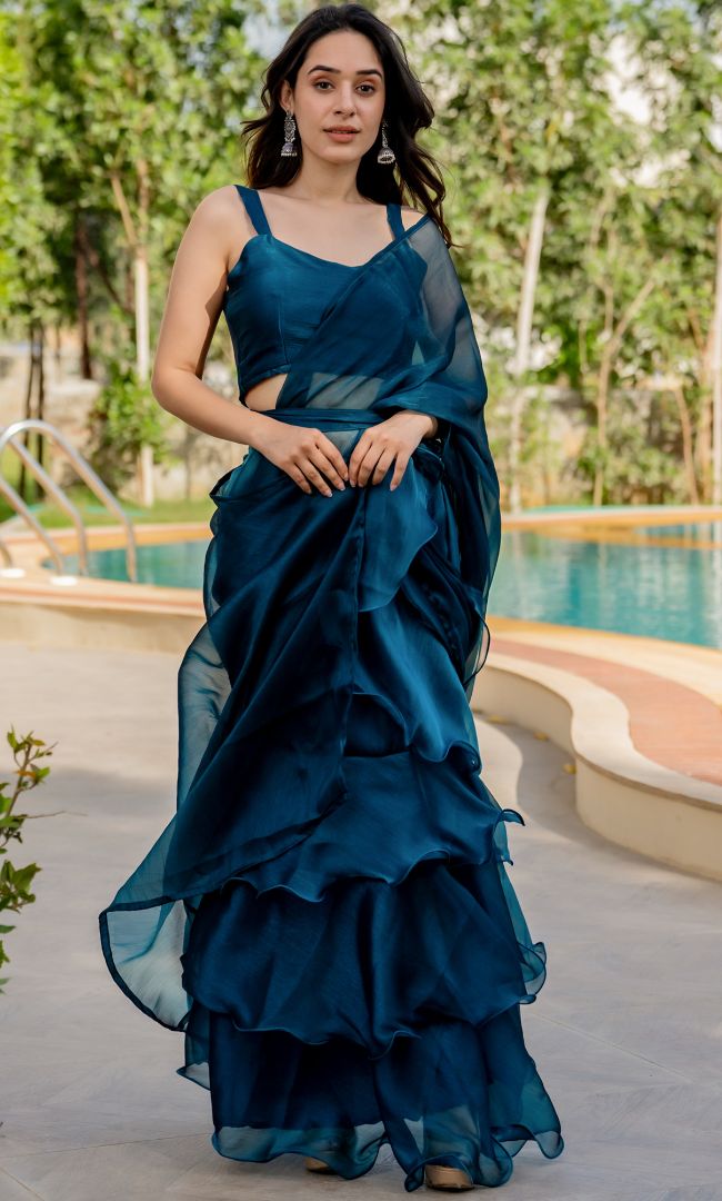 Prussian Shimmer Ruffle Saree