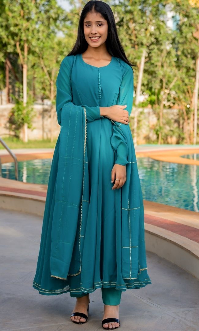 Dark Firozi Anarkali Set