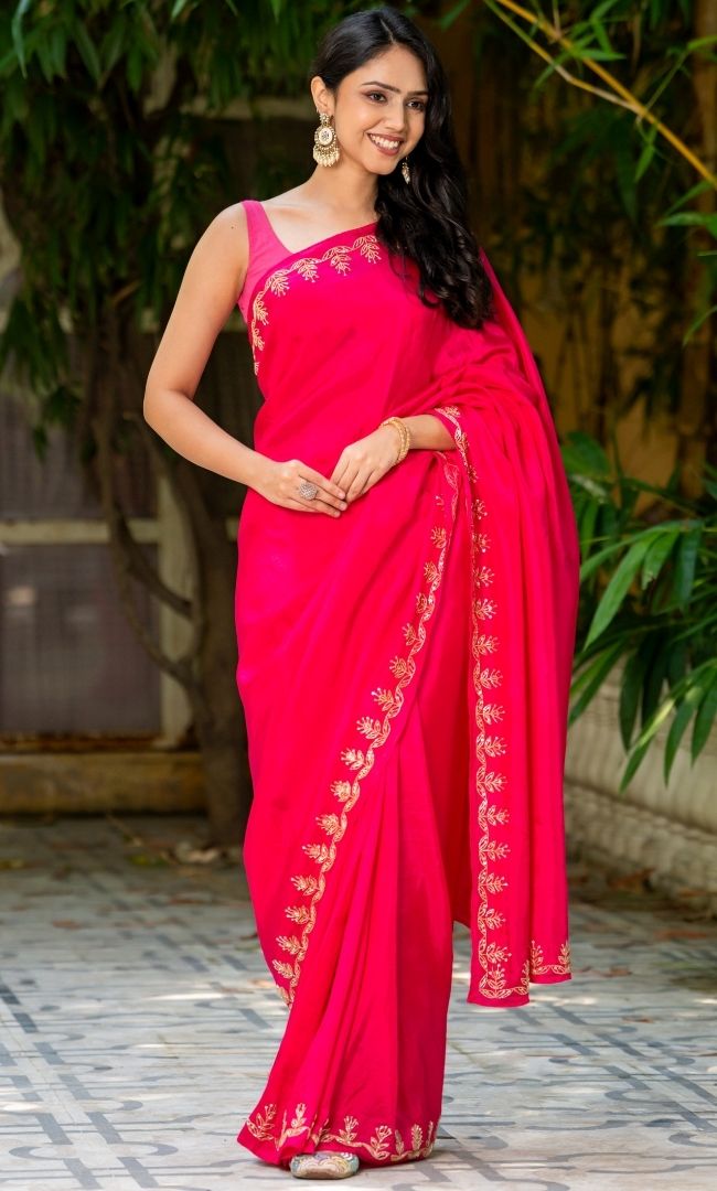 Bright Pink Curtdana Work Saree