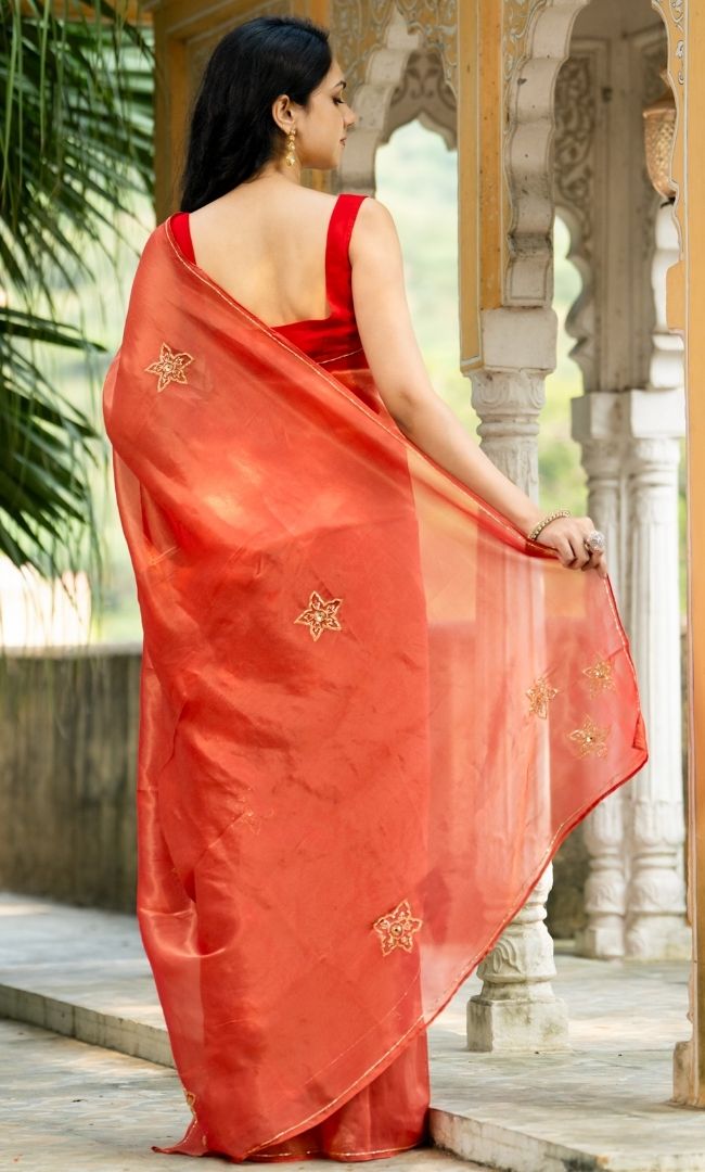 Fire Red Tissue Saree