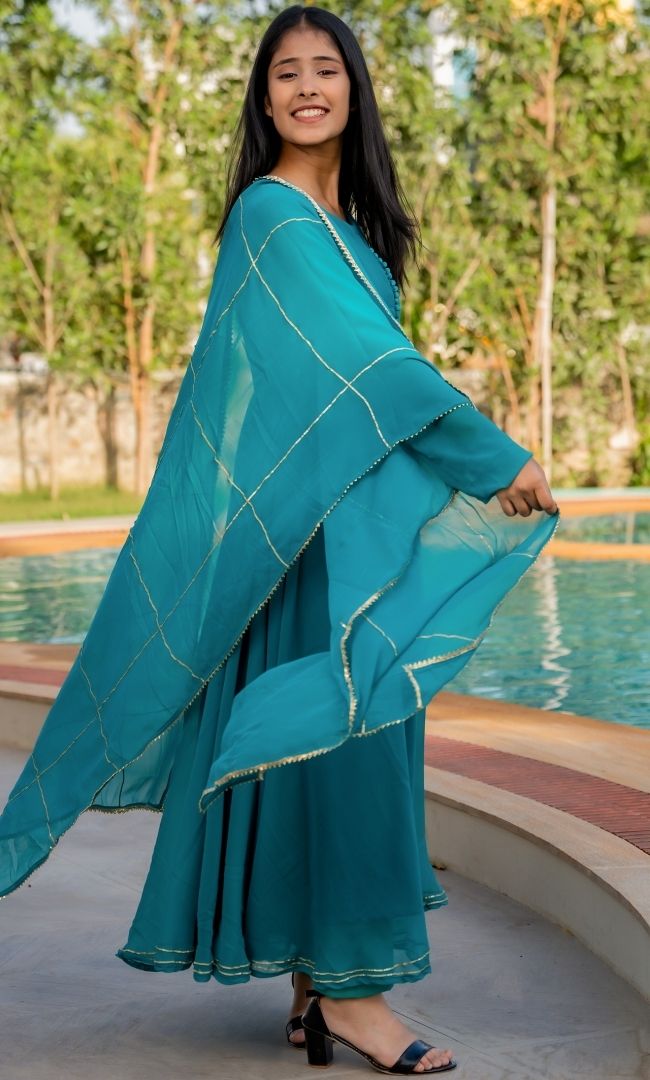 Dark Firozi Anarkali Set