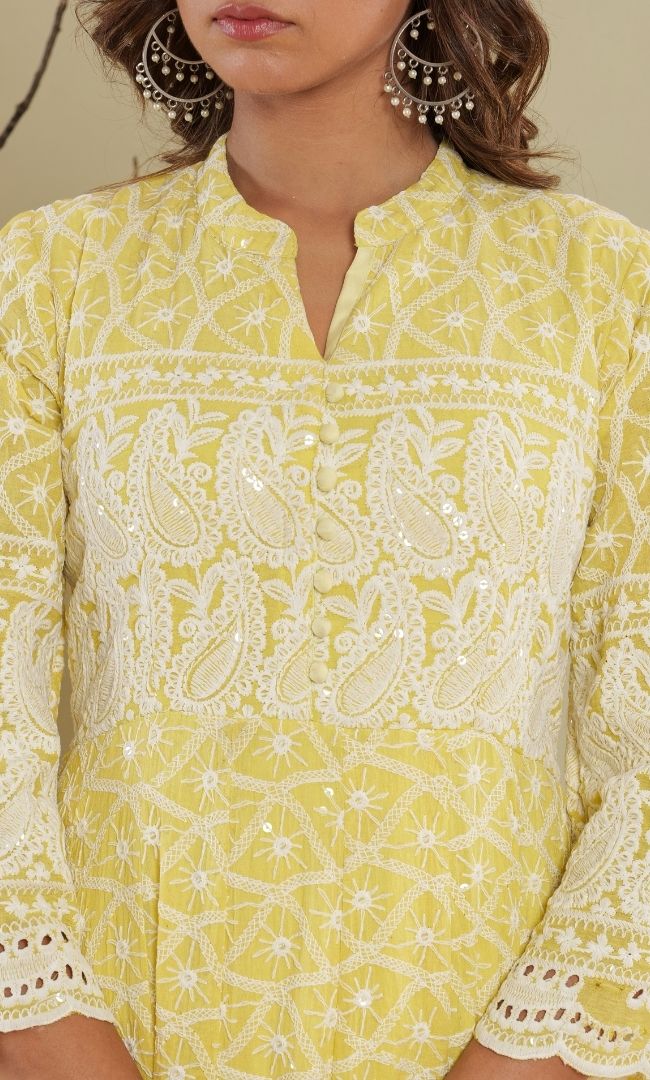 Lemon Chikankari Anarkali Set