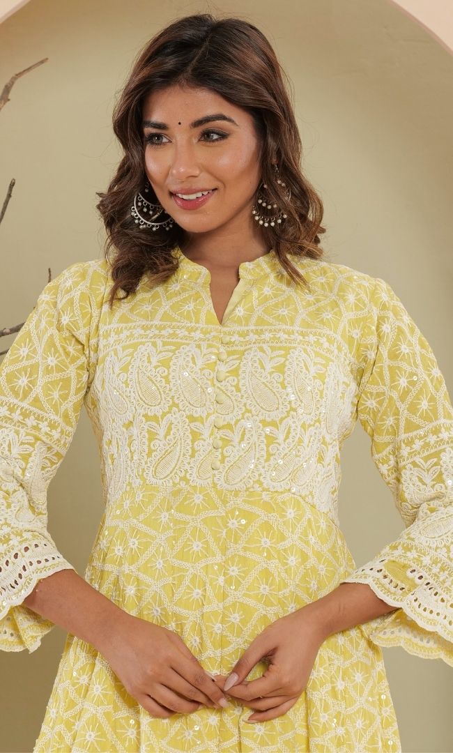 Lemon Chikankari Anarkali Set