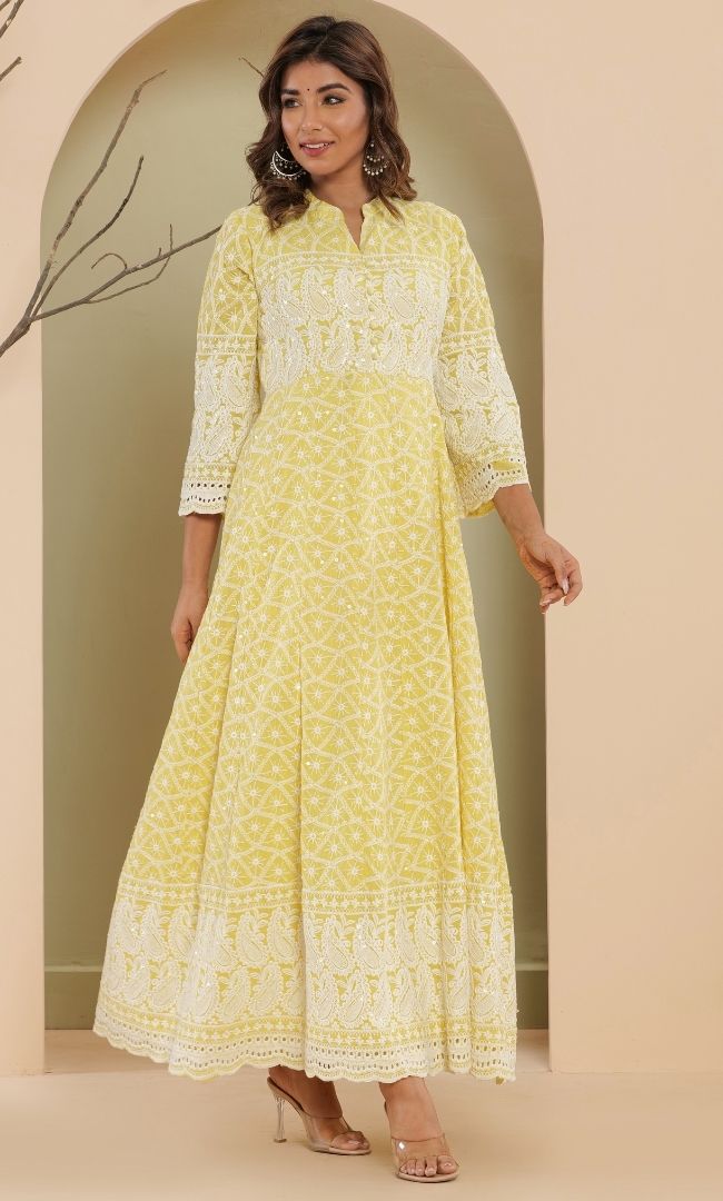 Lemon Chikankari Anarkali Set