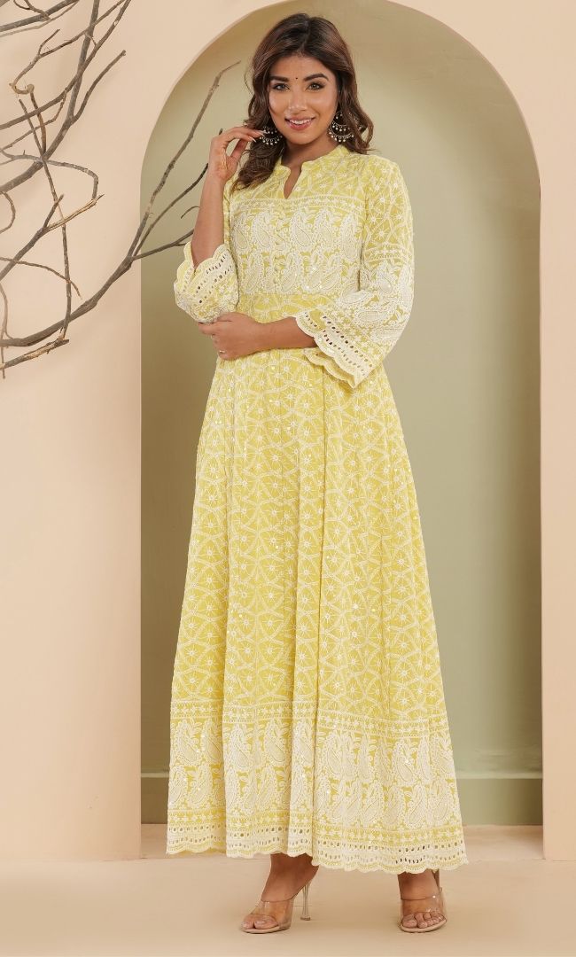 Lemon Chikankari Anarkali Set
