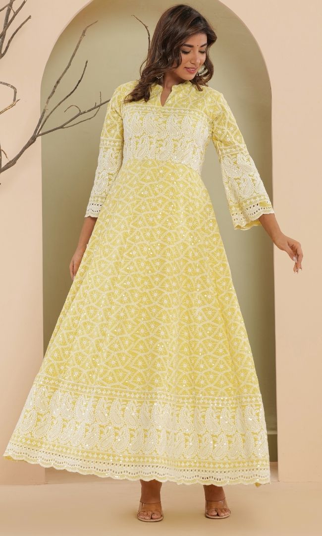 Lemon Chikankari Anarkali Set