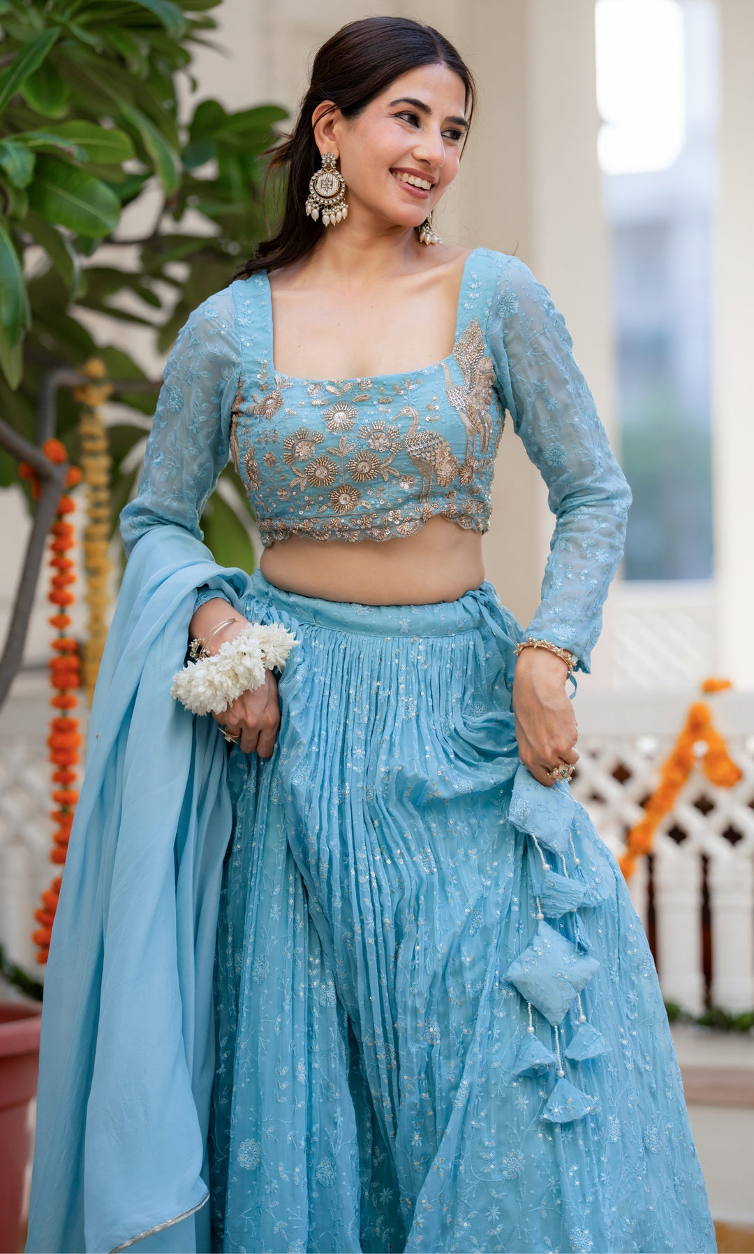 Aasmaani Blue Organza Lehenga Set
