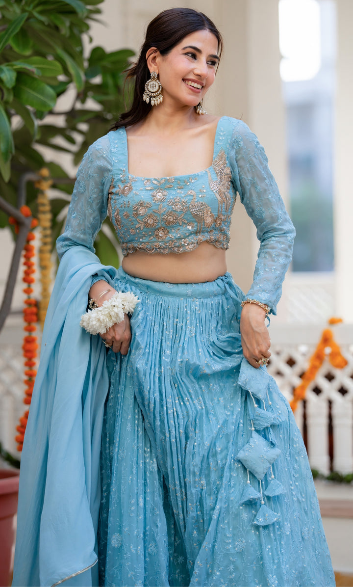 Aasmaani Blue Organza Lehenga Set
