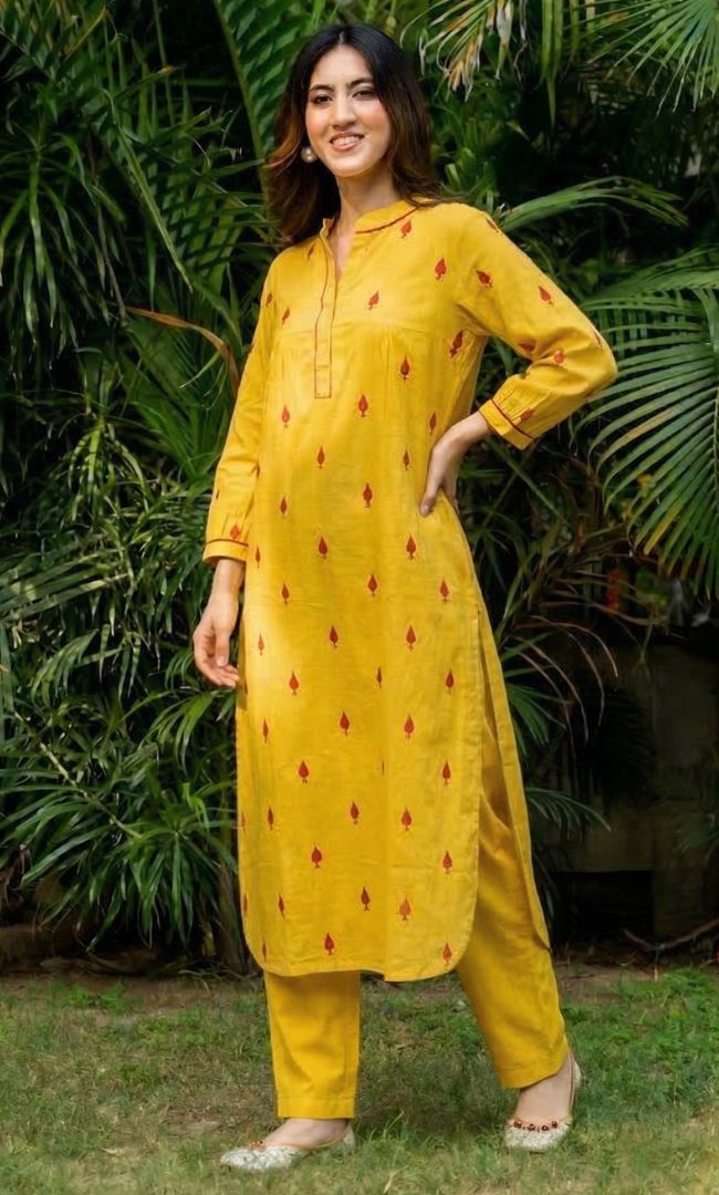 Yellow Red Pikes Spades Cotton Kurta Set