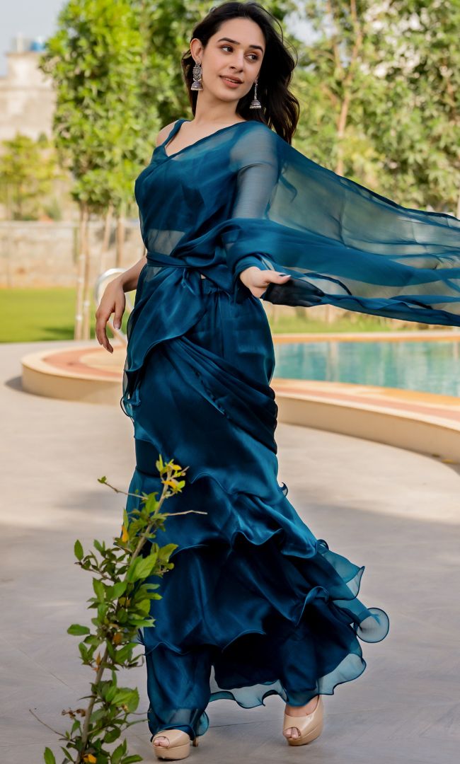 Prussian Shimmer Ruffle Saree