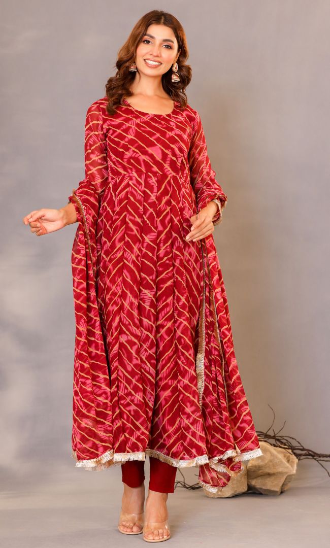 Maroon Leheriya Anarkali Set