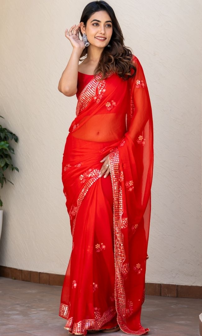 Blush Red Mirror Work Saree