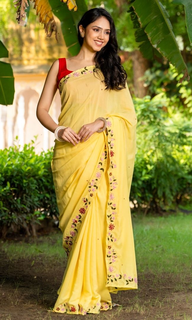 Grass Yellow Embroidered Saree