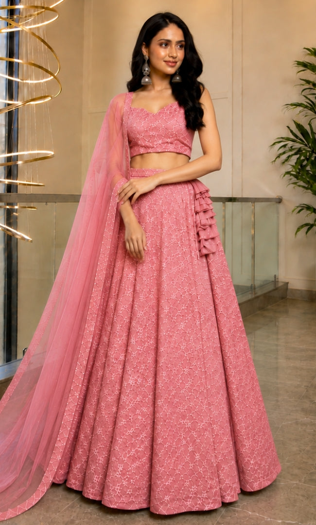 Vintage Rose Jaal Embroidery Lehenga Set