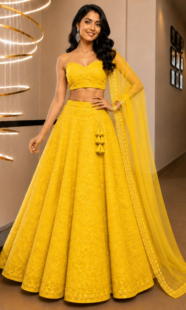 Yellow Floral Sequin Embroidery Lehenga Set