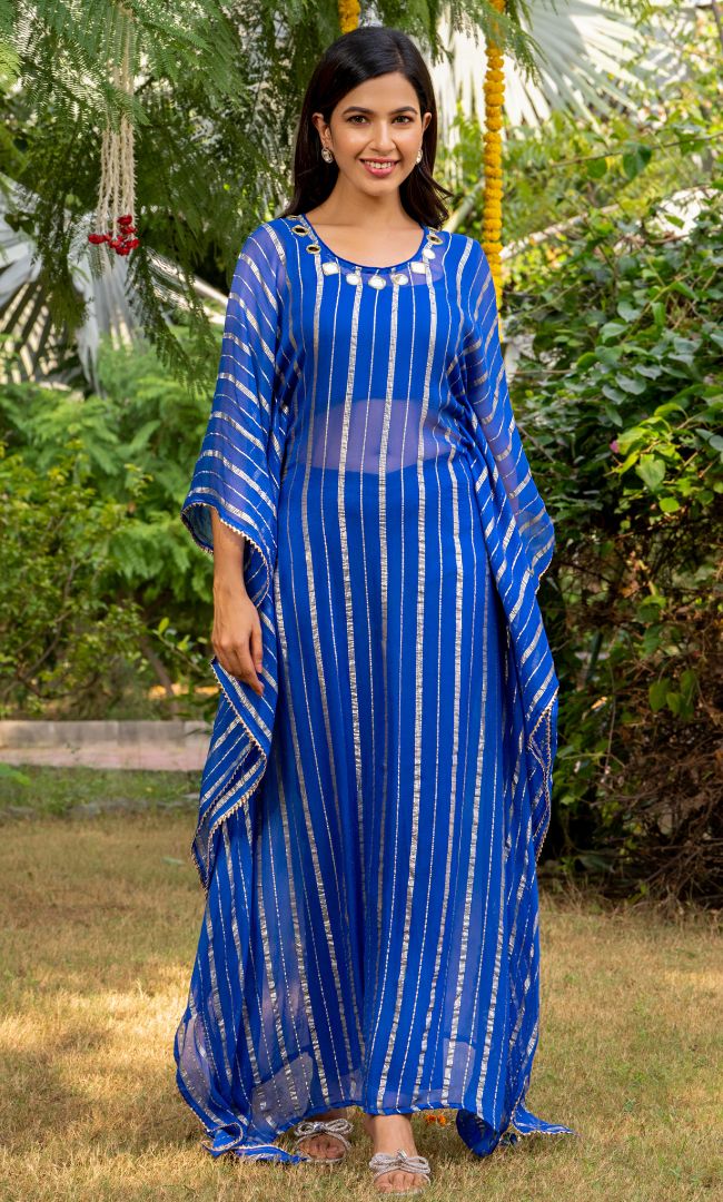 Teal Blue Mirror Work Kaftan Set