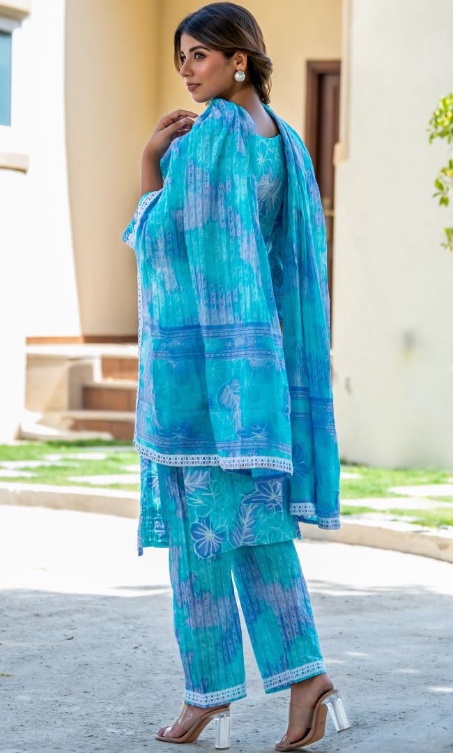 Aqua Printed Cotton Suit Set