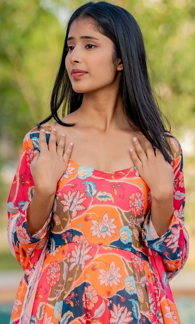 Tiara Orange Floral Anarkali Set