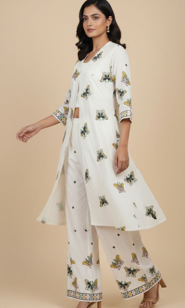 Embroidered White Cotton Butterfly Kurta