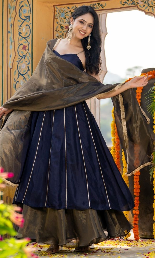 Dark Lavender Kurta With Tissue Skirt Set
