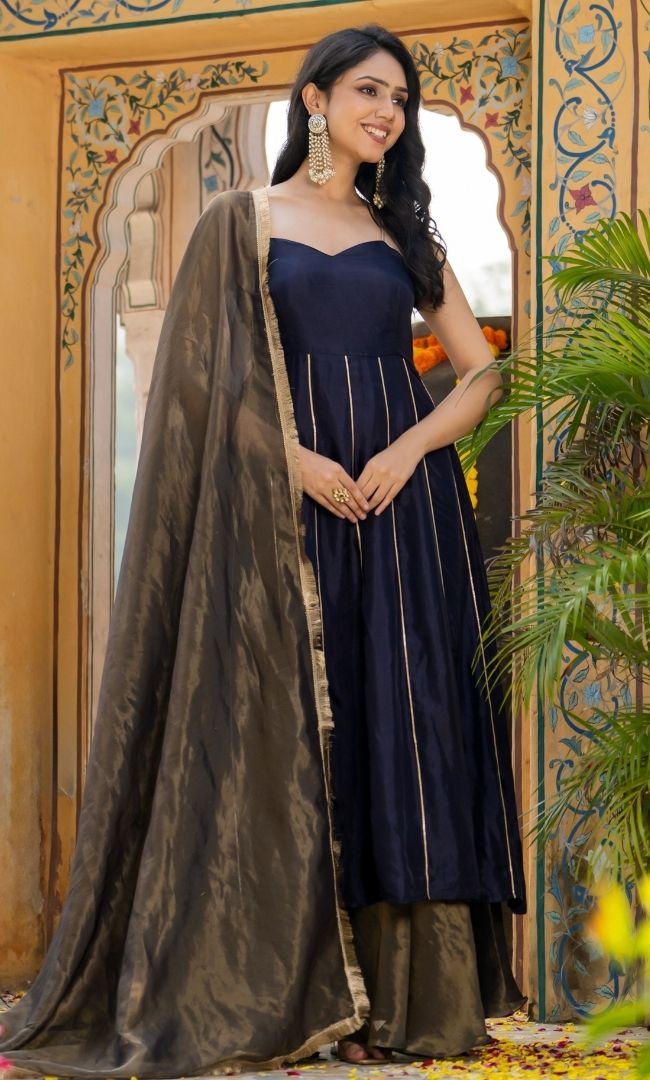 Dark Lavender Kurta With Tissue Skirt Set