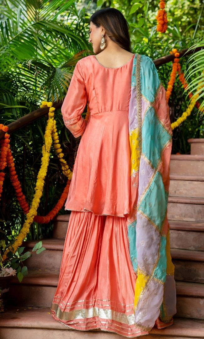 Salmon Peach Upada Silk Sharara Set
