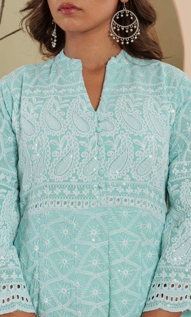 Ice Blue Chikankari Anarkali Set