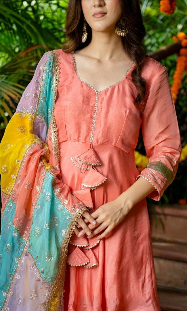 Salmon Peach Upada Silk Sharara Set