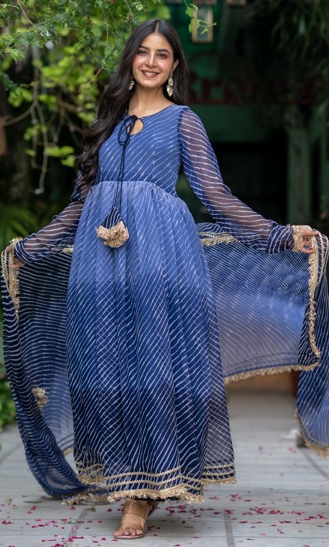 Desert Blue Leheriya Anarkali Set