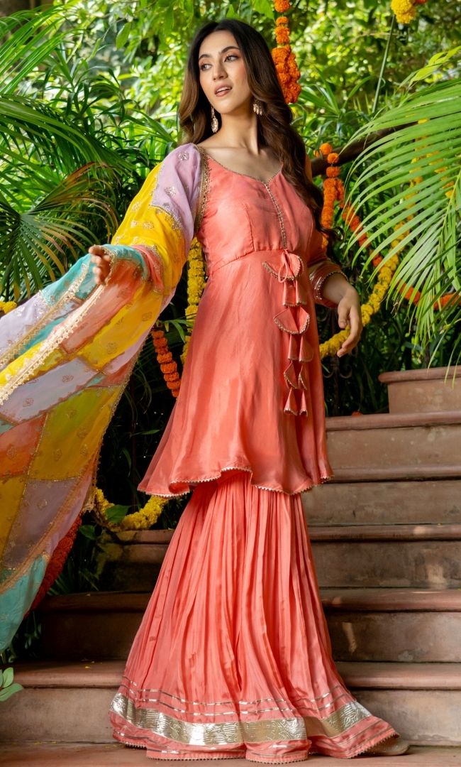 Salmon Peach Upada Silk Sharara Set