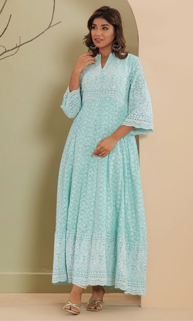 Ice Blue Chikankari Anarkali Set