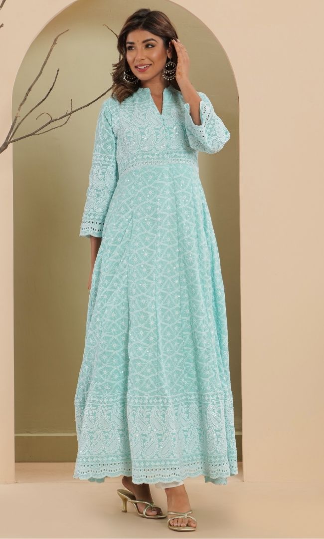 Ice Blue Chikankari Anarkali Set