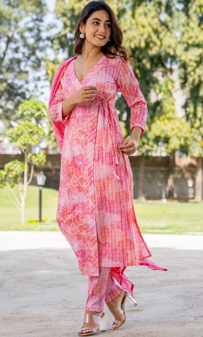Flamingo Pink Cotton Angrakha Set