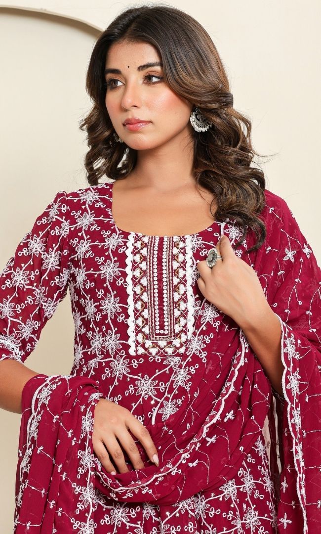 Dotted Maroon Anarkali Set
