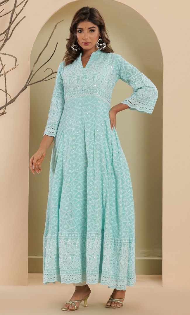 Ice Blue Chikankari Anarkali Set