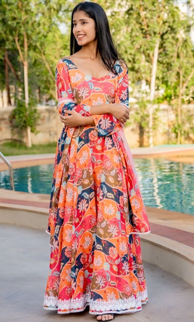 Tiara Orange Floral Anarkali Set