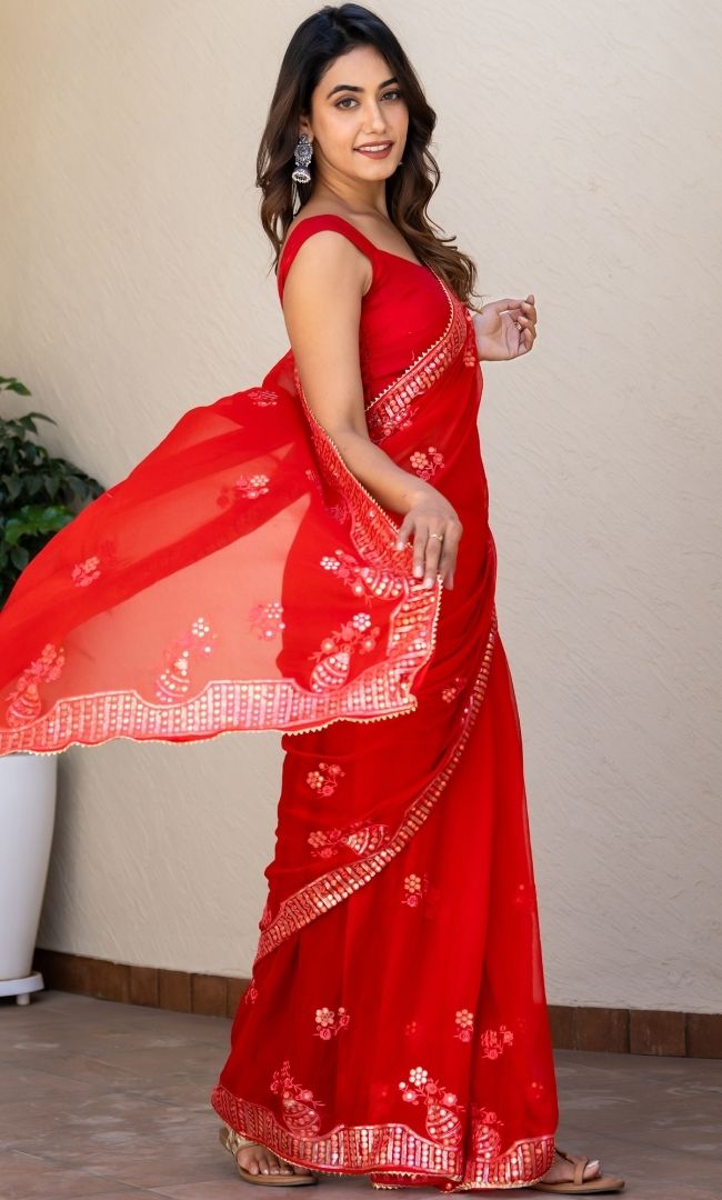 Blush Red Mirror Work Saree