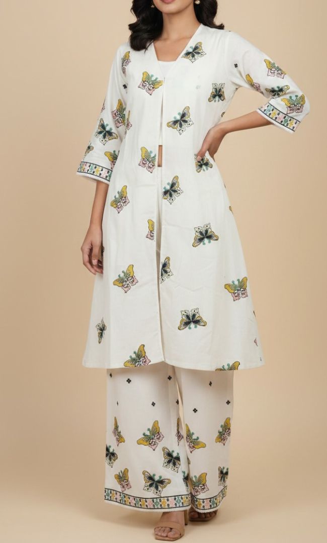 Embroidered White Cotton Butterfly Kurta
