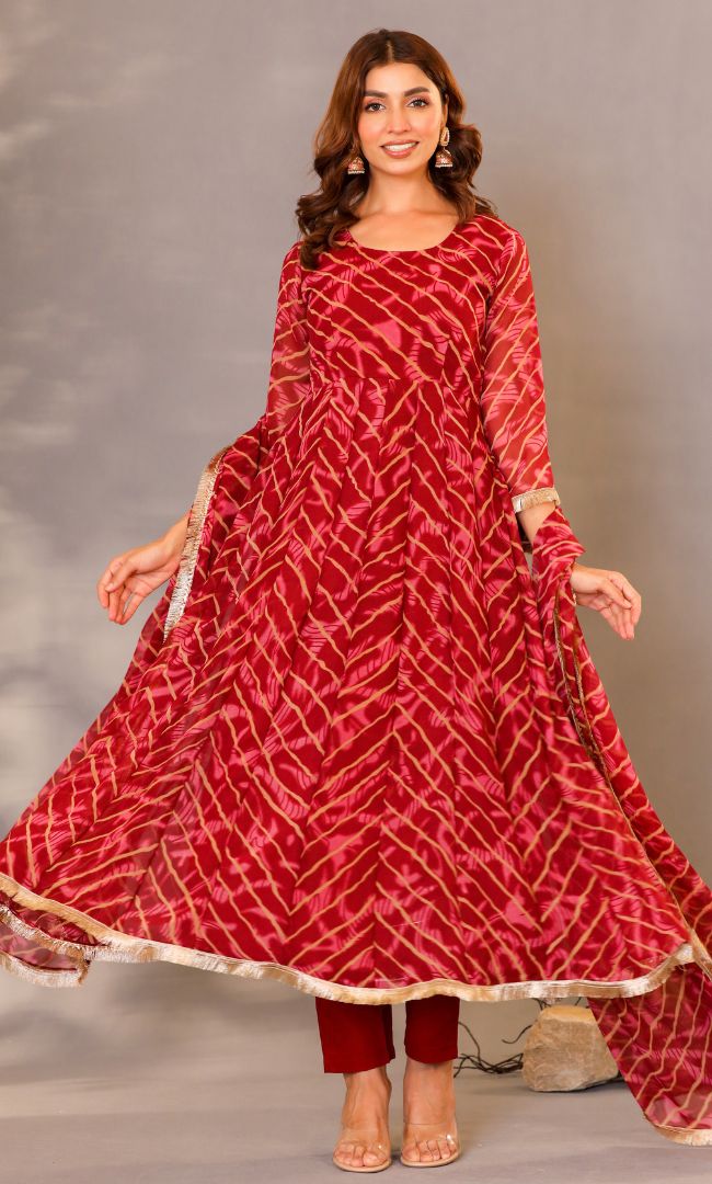 Maroon Leheriya Anarkali Set