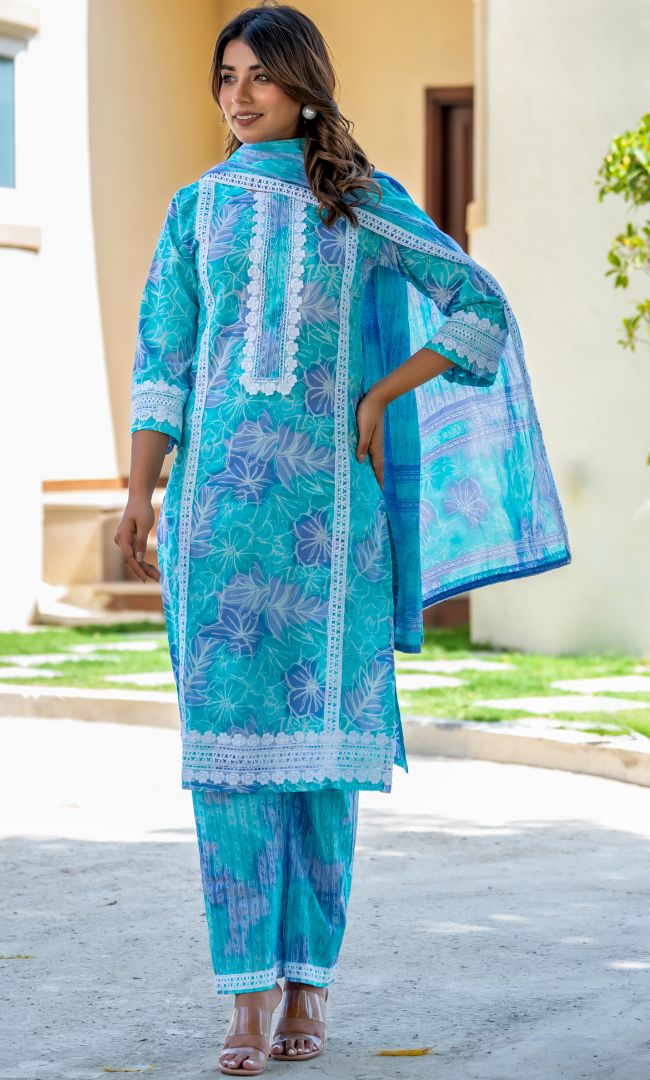 Aqua Printed Cotton Suit Set