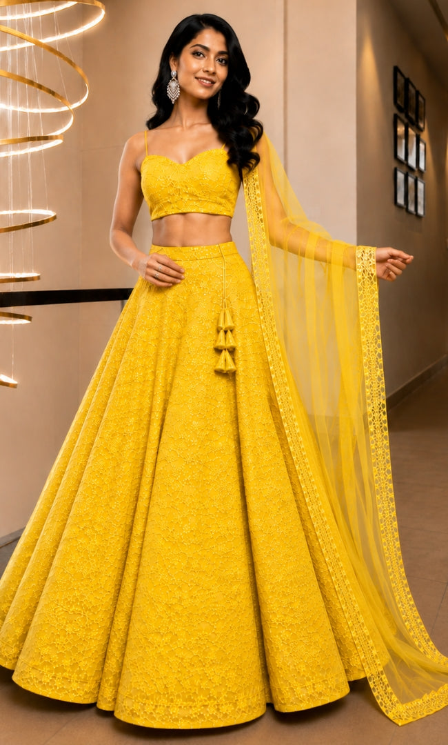 Yellow Floral Sequin Embroidery Lehenga Set