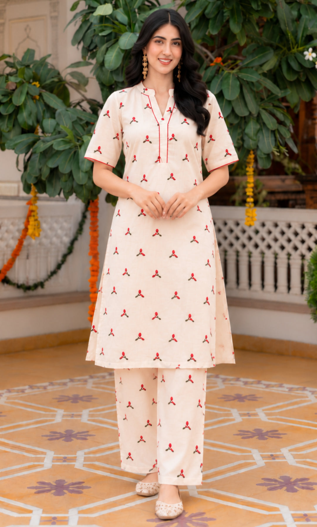 Red Leaf White Cotton Co-ord Set