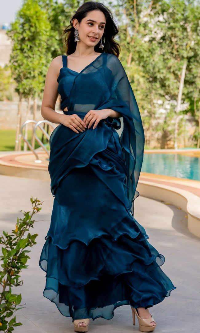 Prussian Shimmer Ruffle Saree