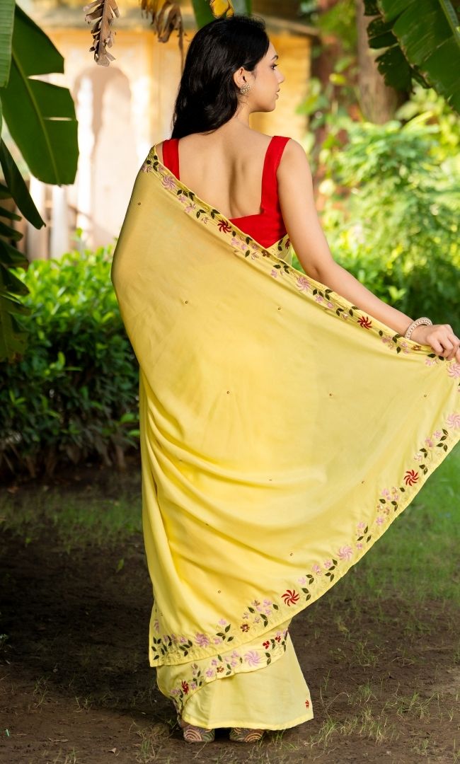 Grass Yellow Embroidered Saree