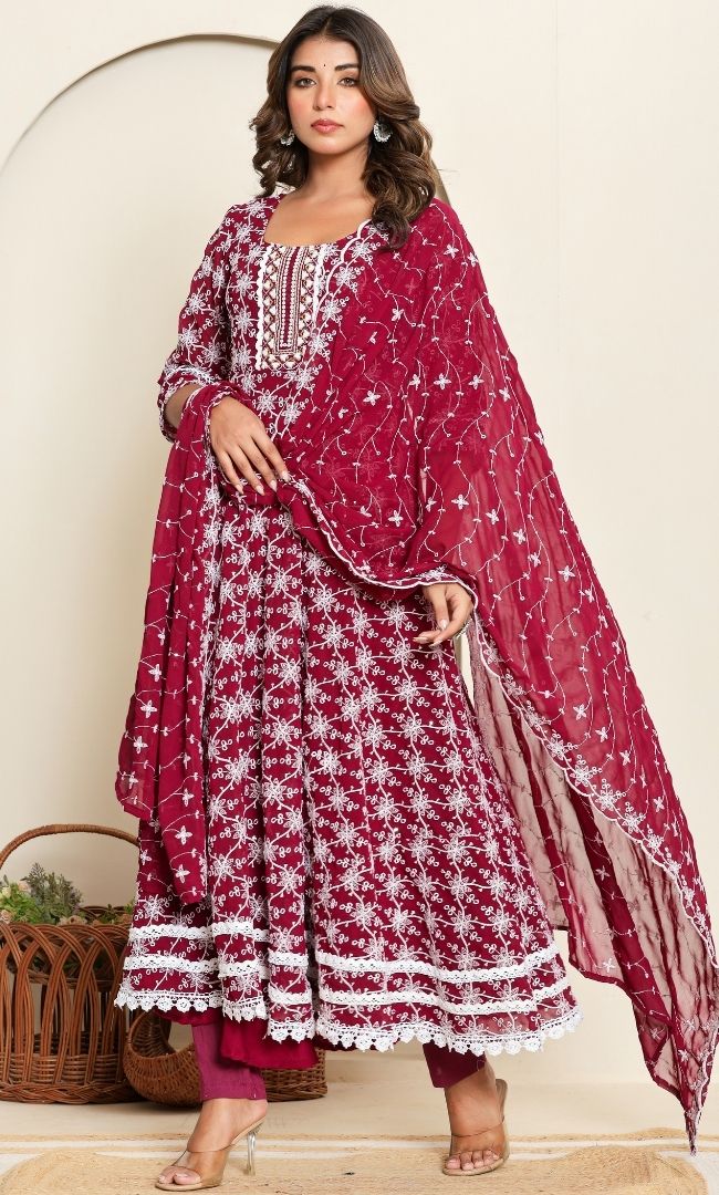 Dotted Maroon Anarkali Set