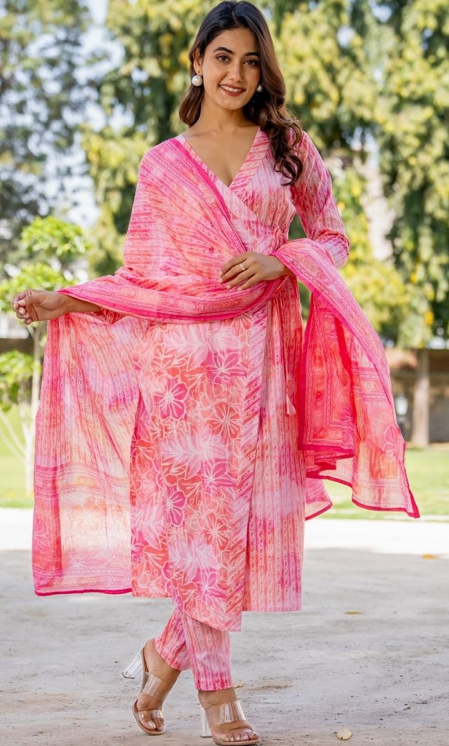 Flamingo Pink Cotton Angrakha Set