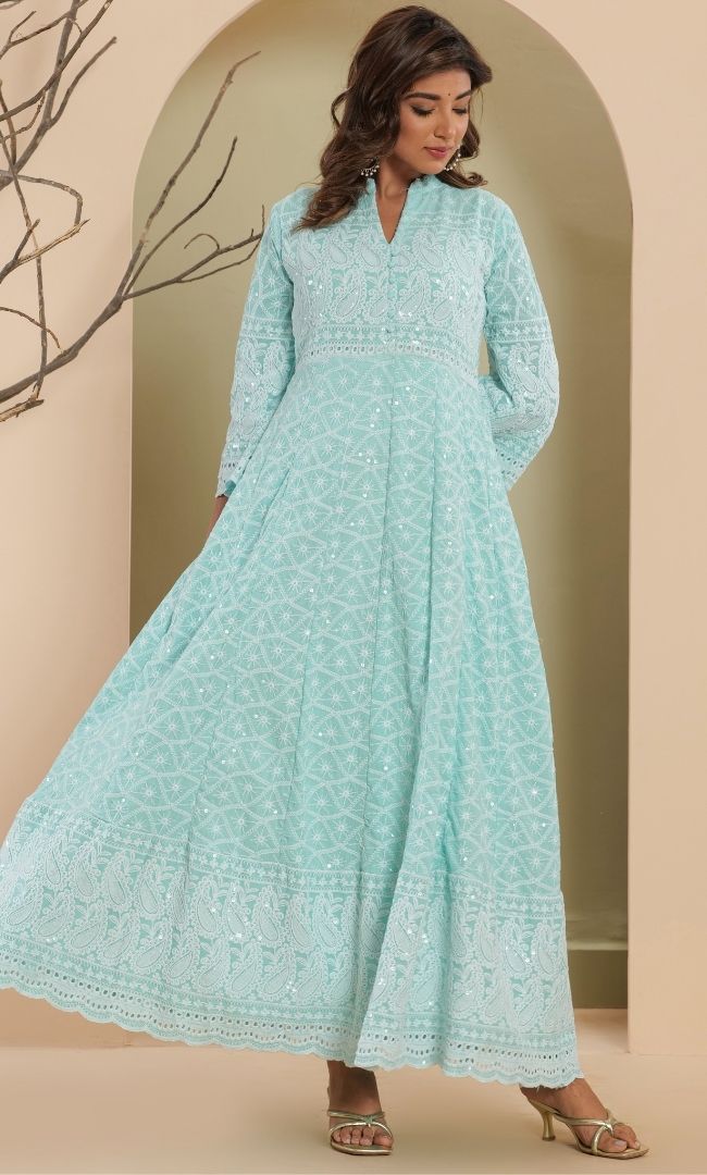 Ice Blue Chikankari Anarkali Set